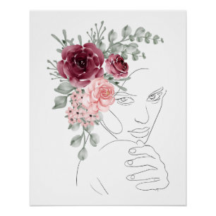 digital product woman line art red flowers poster