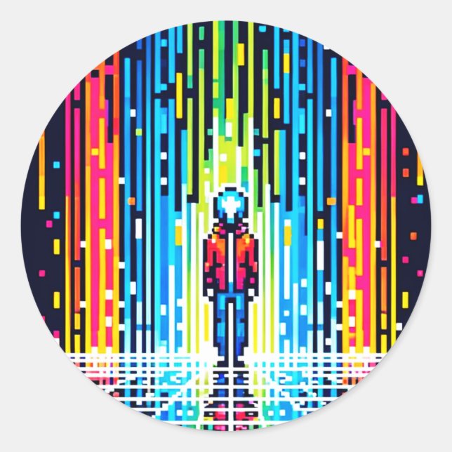 Digital Rain Cyberpunk Pixel Art Futuristic Design Classic Round Sticker (Front)