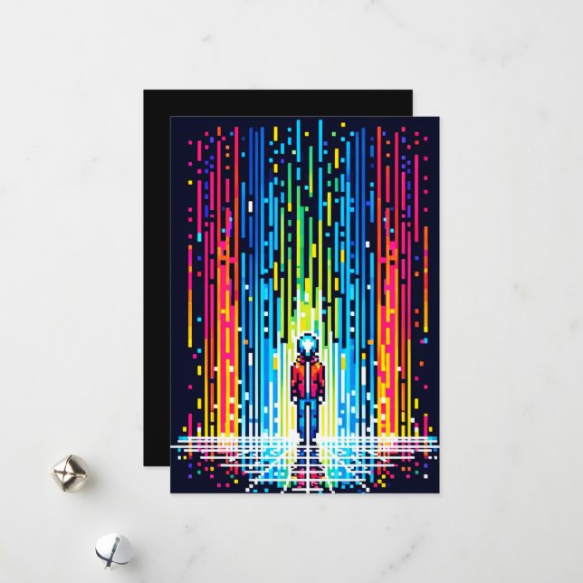 Digital Rain Cyberpunk Pixel Art Futuristic Design Holiday Card (Front/Back In Situ)