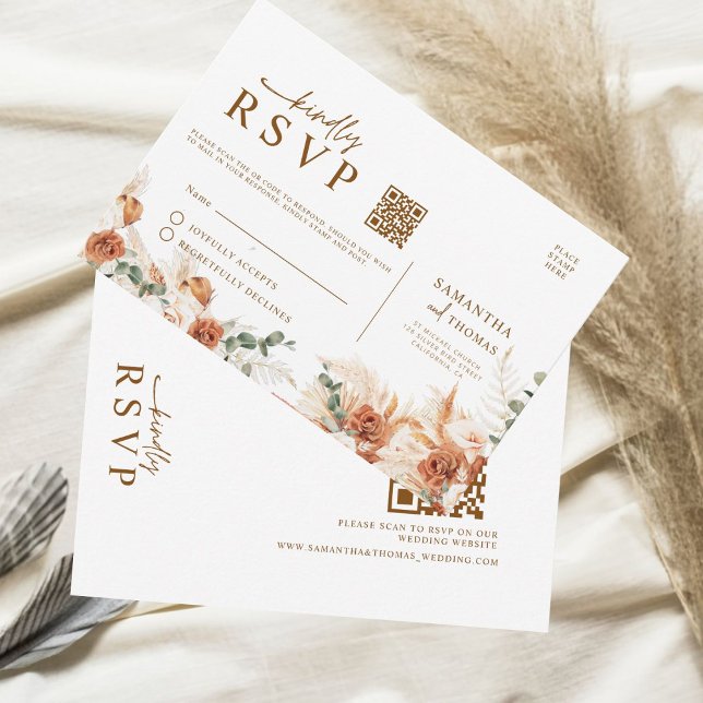 Digital Rustic Terracotta Floral QR Code Wedding  RSVP Card (Creator Uploaded)