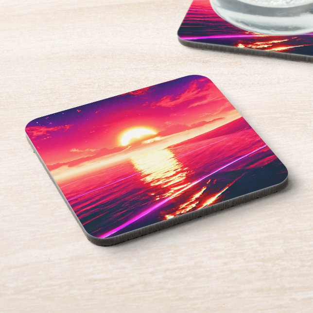 Digital Synthwave Sunset Sea Reflection Coaster (Left Side)
