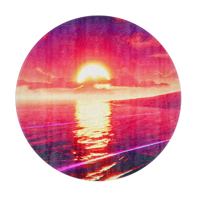 Digital Synthwave Sunset Sea Reflection Cutting Board (Front)