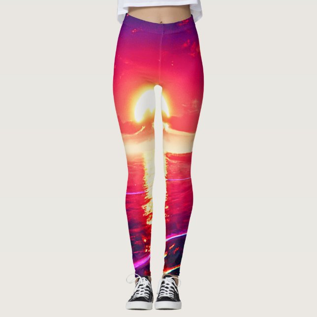 Digital Synthwave Sunset Sea Reflection Leggings (Front)