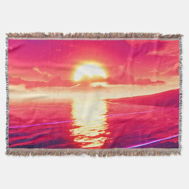 Digital Synthwave Sunset Sea Reflection Throw Blanket (Front)