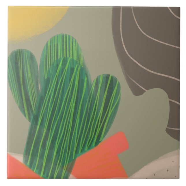 Digital Watercolor Organic Cactus Sinking Desert Ceramic Tile (Front)