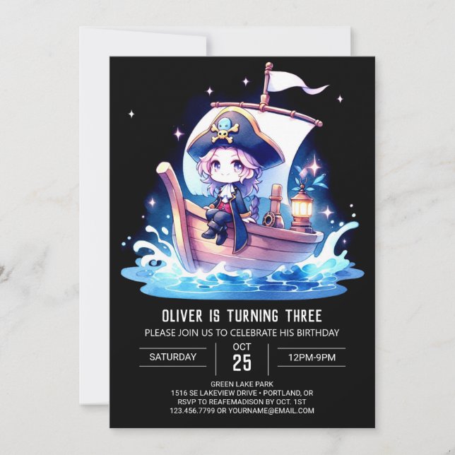 Digital Watercolor Pirate Birthday Invitation (Front)
