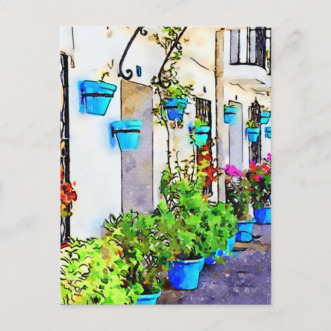 Digital watercolour of street in Mijas Pueblo Postcard (Front)