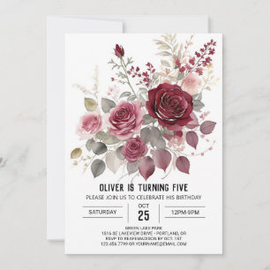  Digital Whimsy Burgundy Floral Birthday Invitation