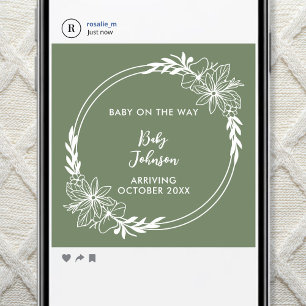 Digital Wildflower Green Gender Neutral Pregnancy Announcement