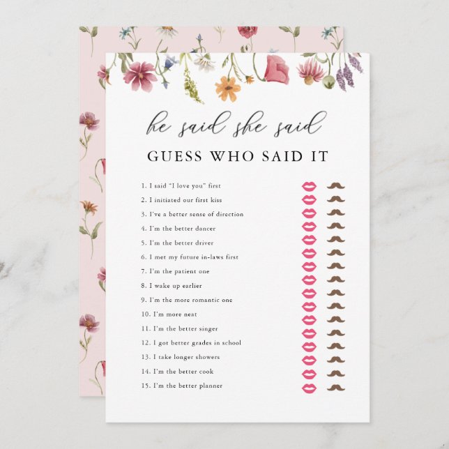 Digital Wildflower He Said She Said Bridal Shower Invitation (Front/Back)