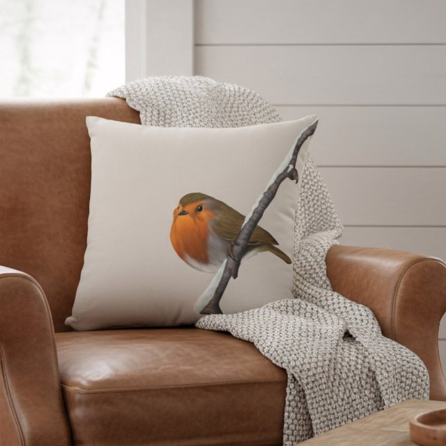 Digitally Hand Painted Red Robin Throw Pillow (A lone robin sits on a winter branch. He would love to sit on your sofa or armchair)