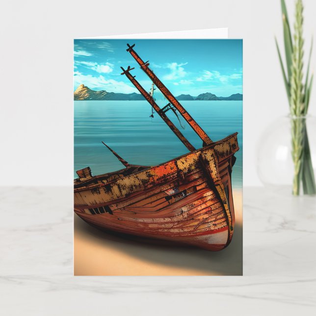 Dilapidated Boat on an Abandoned Sandy Beach Card (Front)