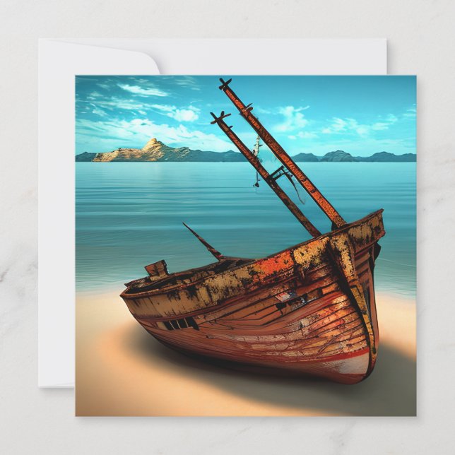 Dilapidated Boat on an Abandoned Sandy Beach Card (Front)