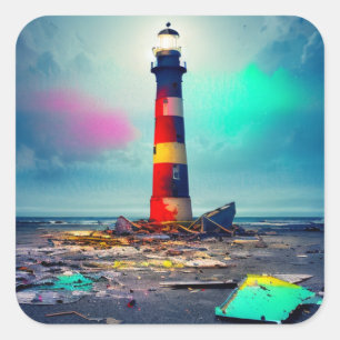 Dilapidated Lighthouse in Colourful Wreckage Square Sticker