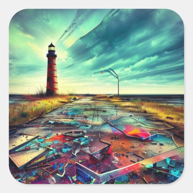 Dilapidated Lighthouse on an Abandoned Beach Square Sticker (Front)