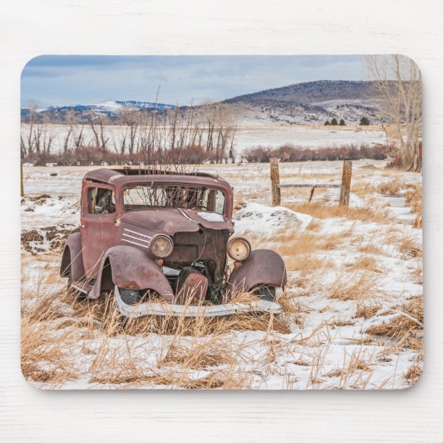Dilapidated Old Vehicle, Winter, Rural, Mountains Mouse Pad (Front)