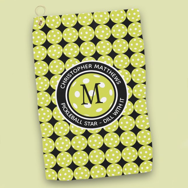 Dill With It Pickleball Star Monogram Golf Towel (Pickleball Sports Pro Funny Custom Quote & Name Golf Towel)