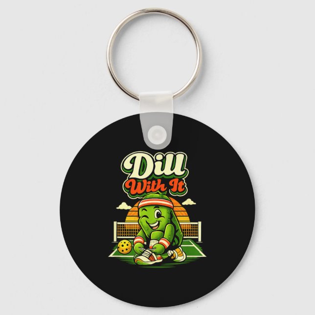 Dill with it retro pickleball pickle character  key ring (Front)