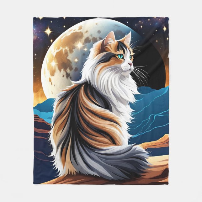 Dilute Calico Cat and Desert Moon Fleece Blanket (Front)