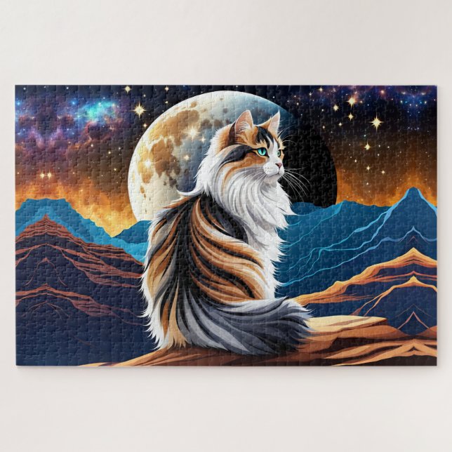 Dilute Calico Cat and Desert Moon Jigsaw Puzzle (Horizontal)