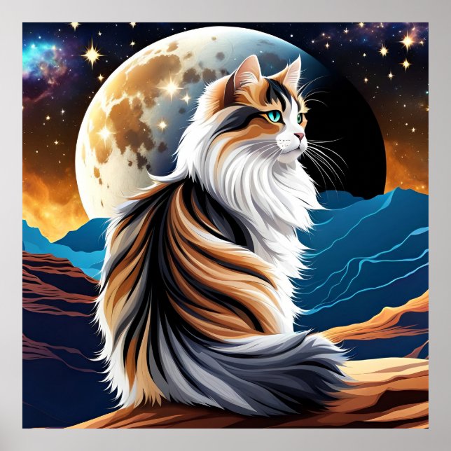 Dilute Calico Cat and Desert Moon Poster (Front)