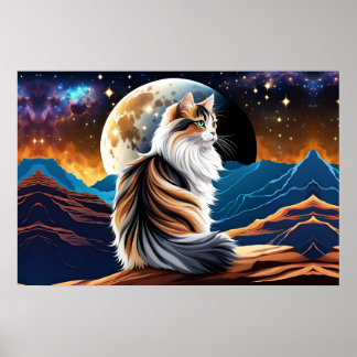 Dilute Calico Cat and Desert Moon Poster