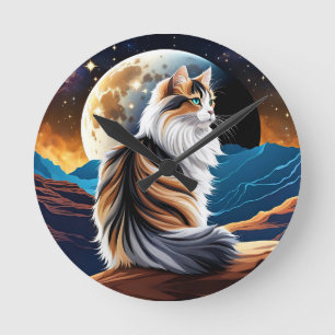 Dilute Calico Cat and Desert Moon Round Clock