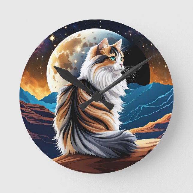 Dilute Calico Cat and Desert Moon Round Clock (Front)