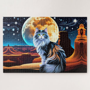 Dilute Calico cat, in the Desert-Full Moon Jigsaw Puzzle
