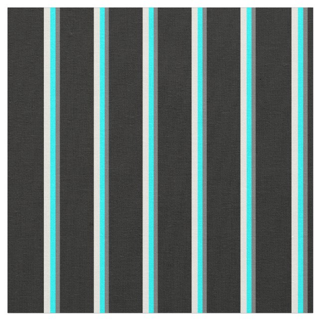 Dim Grey, Cyan, Beige & Black Coloured Stripes Fabric (Close Up)