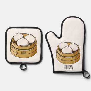 Dim sum cartoon illustration oven mitt & pot holder set