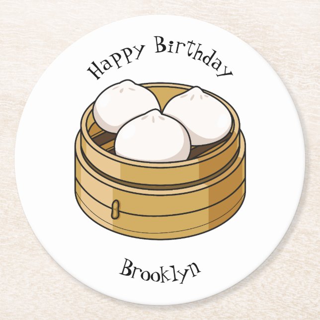 Dim sum cartoon illustration round paper coaster (Front)