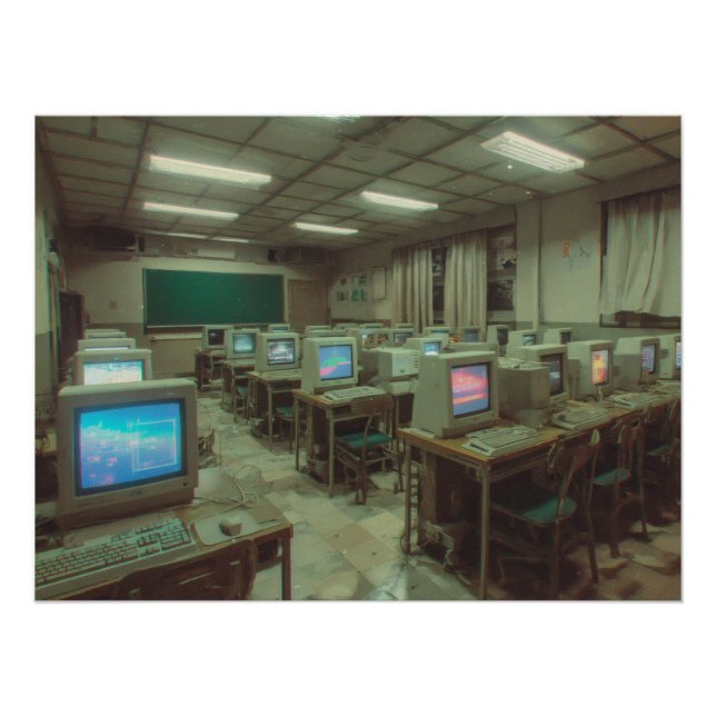 Dimly Lit Retro Computer Lab with CRT Screens Poster (Front)