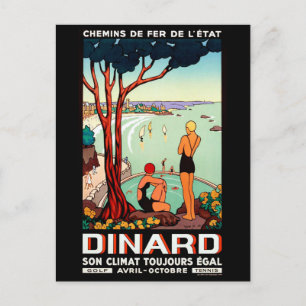 Dinard coastline, swimming girls, vintage travel postcard