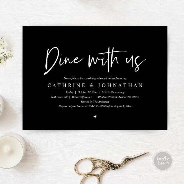Dine with us, Wedding Rehearsal Dinner Invitation (Dine with us, Modern Wedding Rehearsal Dinner Party Invitation Card, PDF, in Elegant Black)