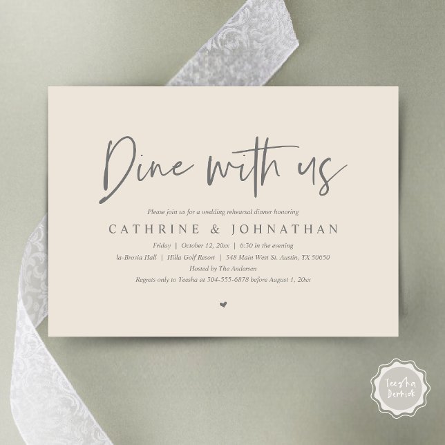 Dine with us, Wedding Rehearsal Dinner Invitation (Dine with us, Modern Wedding Rehearsal Dinner Party Invitation Card, PDF, in Cream and Grey)