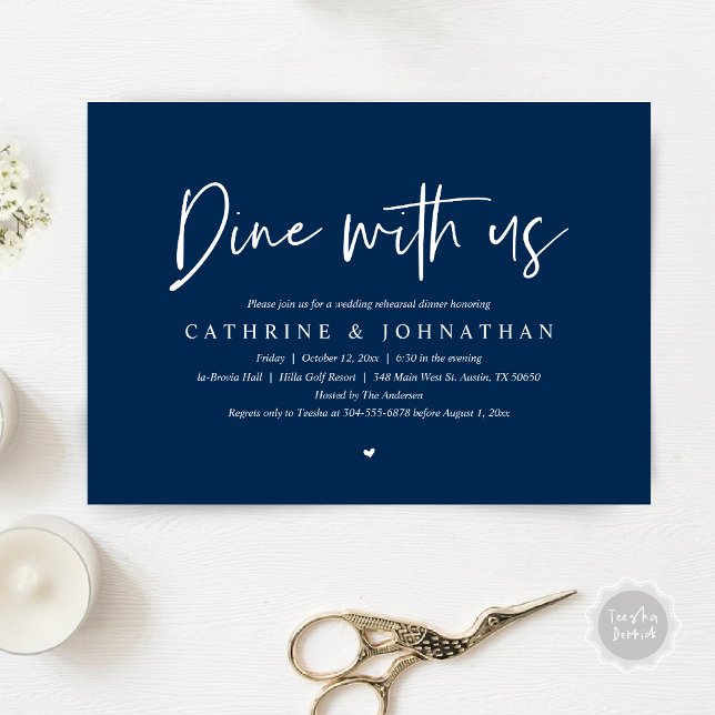 Dine with us, Wedding Rehearsal Dinner Invitation (Dine with us, Modern Wedding Rehearsal Dinner Party Invitation Card, PDF, in Navy Blue)