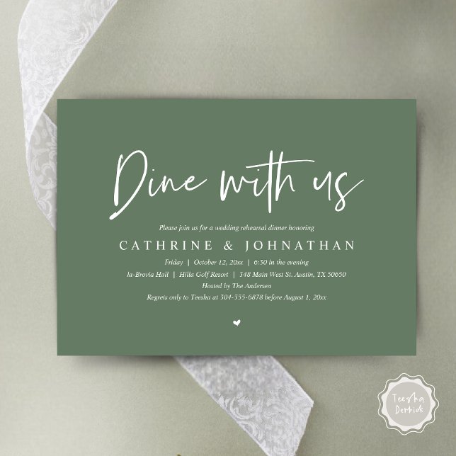 Dine with us, Wedding Rehearsal Dinner Invitation (Dine with us, Modern Wedding Rehearsal Dinner Party Invitation Card, PDF, in Forest Sage Green)
