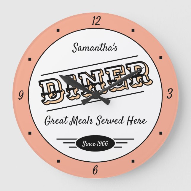 Diner Any Name Date Retro Peach Black White Large Clock (Front)