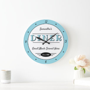 Diner Any Name Date Retro Robin Egg Blue Black Large Clock