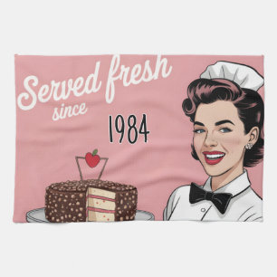 Diner Pin-Up: Retro Waitress and Custom Year Tea Towel
