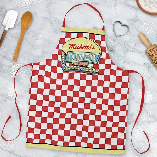 Diner Sign Retro 50s Mid-Century Modern Red Check Apron (Creator Uploaded)