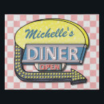 Diner Sign Retro 50s Mid-Century Nostalgia Custom<br><div class="desc">Create your own personalised, 1950's style diner sign faux canvas using this simple template. This cool retro kitchen art has a slightly distressed pink-and-white chequered background with a sign on top that says "DINER" and "OPEN" in neon with space for you to add your own first or last name -...</div>