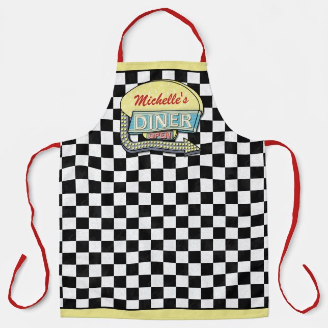 Diner Sign Retro 50s Midcentury Modern Black Check Apron (Front)