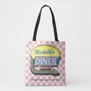 Diner Sign Retro 50s Pink Chequered   Custom Name Tote Bag
