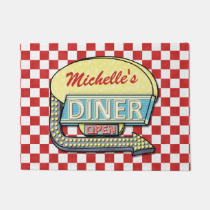 Diner Sign Retro 50s Red Checkered   Custom Name Doormat