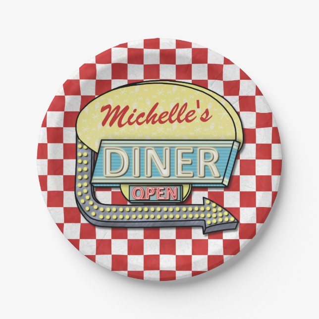 Diner Sign Retro 50s Red Checkered | Custom Name Paper Plate (Front)