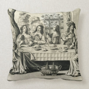 Diners on a terrace with a formal garden below, en cushion