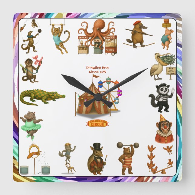 Dingaling Bros Circus acts Square Wall Clock (Front)