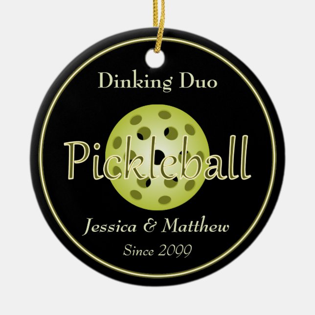 Dinking Duo Couple Pickleball Ball Ceramic Ornament (Front)